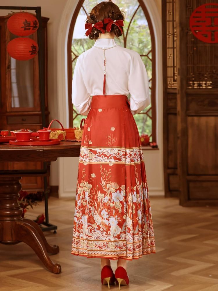 Ladies Free Size Loose Top and Wrap Skirt Set,Embroidered Blouse,Jacquard Horse Face Dress,Chinese Hanfu Tang Suit