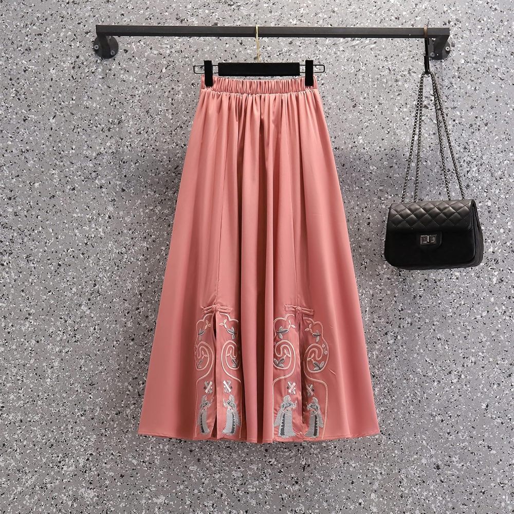 Women's Summer Suit,Embroidered Cheongsam Tops and Skirt Set,Chinese Style Elegant Qipao Hanfu Tang Suit