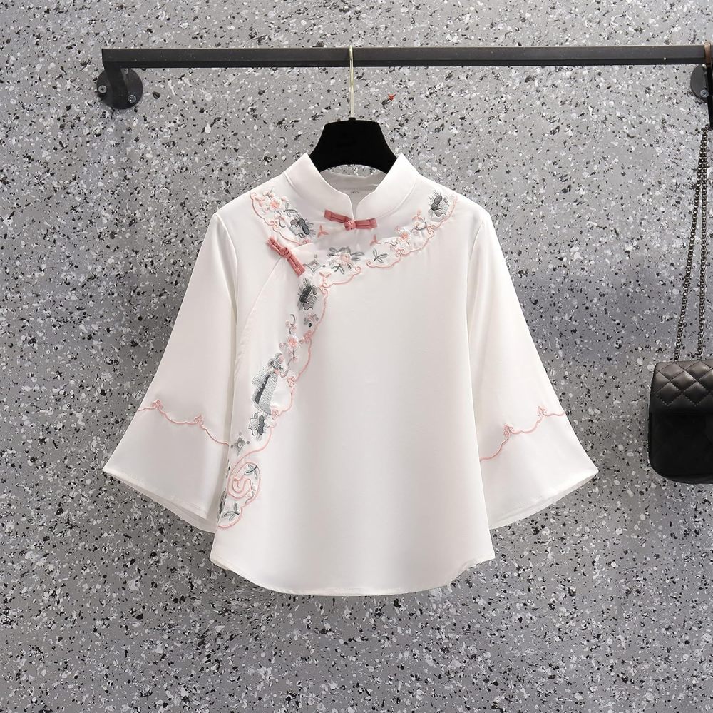 Women's Summer Suit,Embroidered Cheongsam Tops and Skirt Set,Chinese Style Elegant Qipao Hanfu Tang Suit