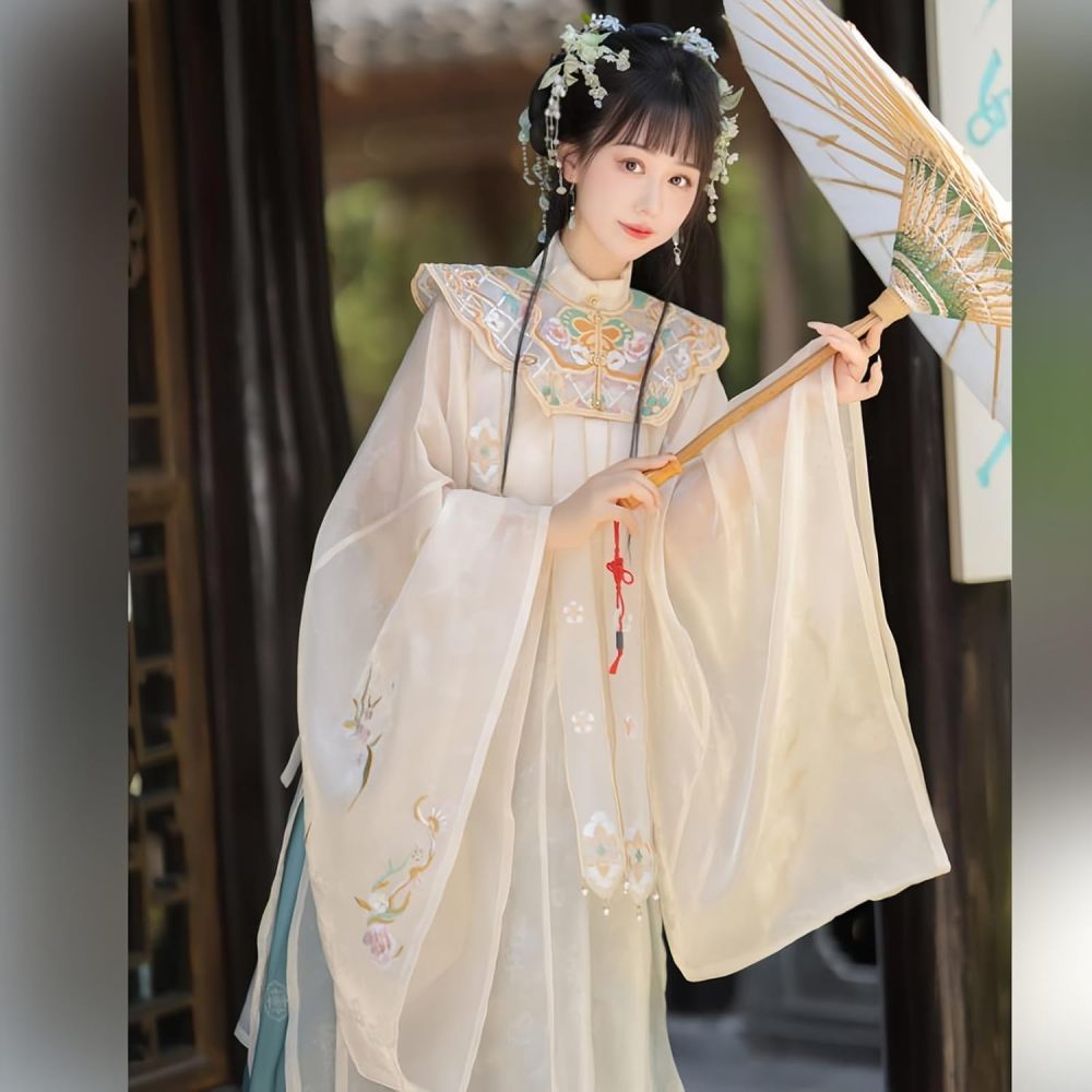 Women's Hanfu Dress Chinese Ming System Cloud Shoulder Flounced Pleated Skirt Embroidered Horse Face Skirt