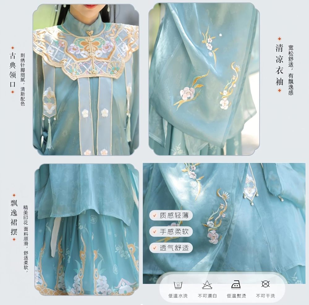 Women's Hanfu Dress Chinese Ming System Cloud Shoulder Flounced Pleated Skirt Embroidered Horse Face Skirt