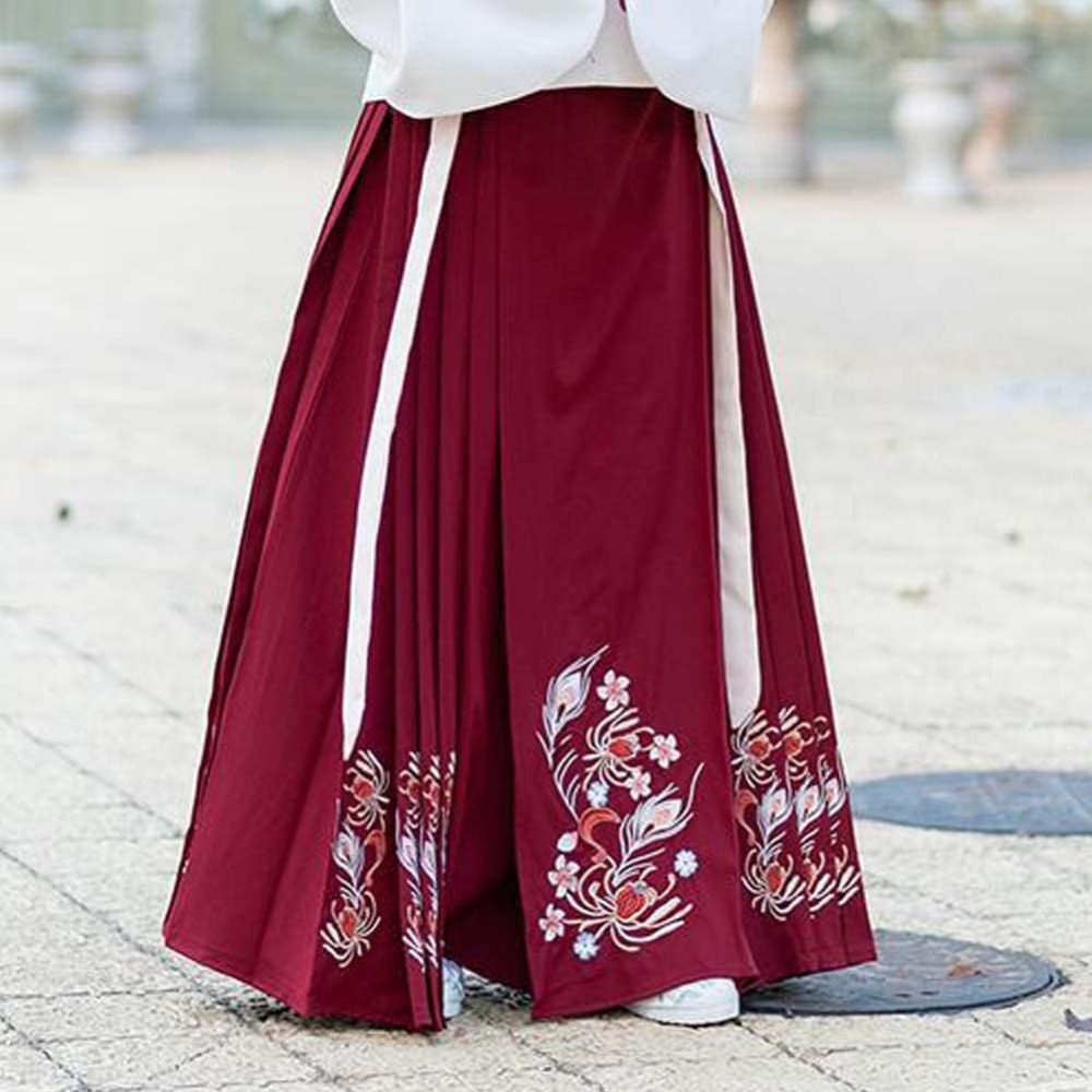 Panda Legends Chinese Style Ming Dynasty Hanfu Midi Skirt Improved One-Piece Horse Face Skirt Long Skirt Red Embroidery Pleated A-line Skirt