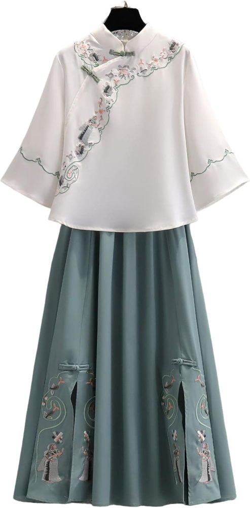 Women's Summer Suit,Embroidered Cheongsam Tops and Skirt Set,Chinese Style Elegant Qipao Hanfu Tang Suit