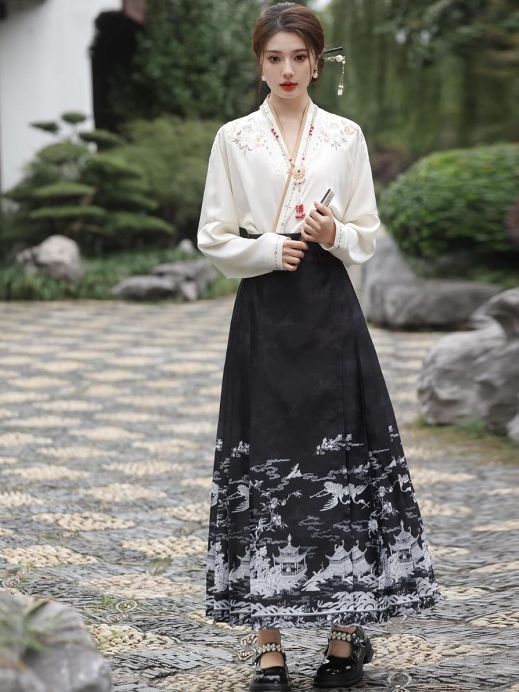 Ladies Free Size Loose Top and Wrap Skirt Set,Embroidered Blouse,Jacquard Horse Face Dress,Chinese Hanfu Tang Suit