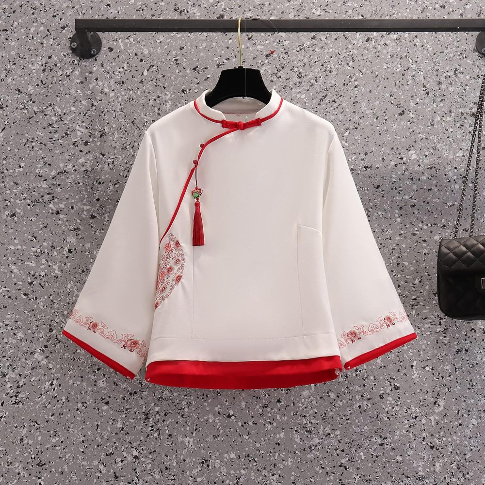 Women's Summer Suit,Embroidered Cheongsam Tops and Skirt Set,Chinese Style Elegant Qipao Hanfu Tang Suit