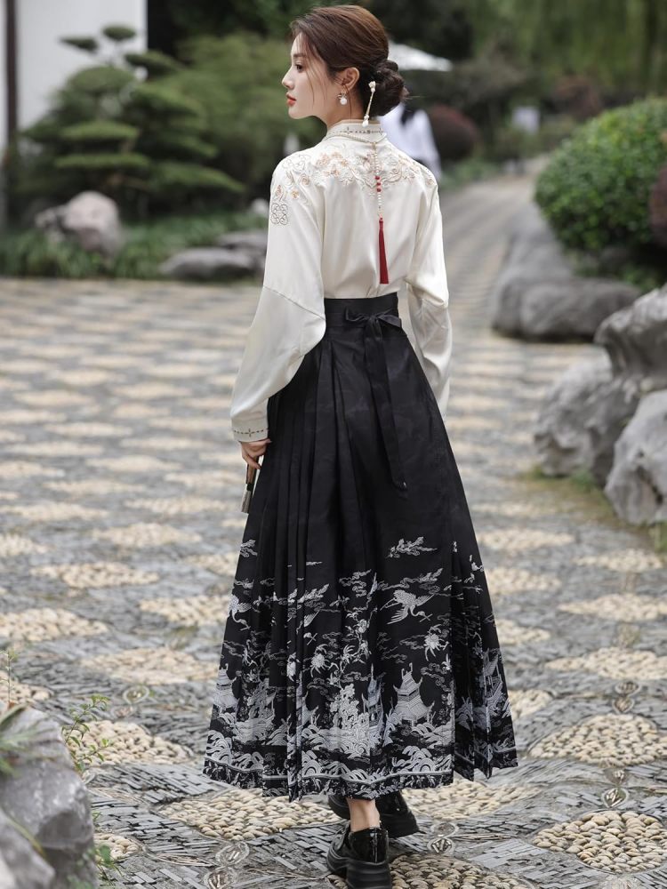 Ladies Free Size Loose Top and Wrap Skirt Set,Embroidered Blouse,Jacquard Horse Face Dress,Chinese Hanfu Tang Suit
