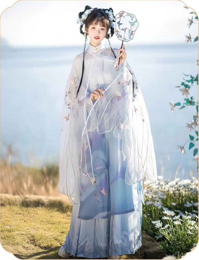 Women's Hanfu Dress Chinese Ming System Cloud Shoulder Flounced Pleated Skirt Embroidered Horse Face Skirt