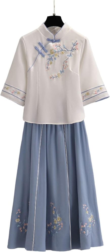 Women's Summer Suit,Embroidered Cheongsam Tops and Skirt Set,Chinese Style Elegant Qipao Hanfu Tang Suit