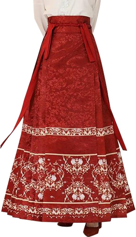Horse Face Skirt Chinese Skirts for Women Traditional Vintage A-line Printed Pleats Skirt