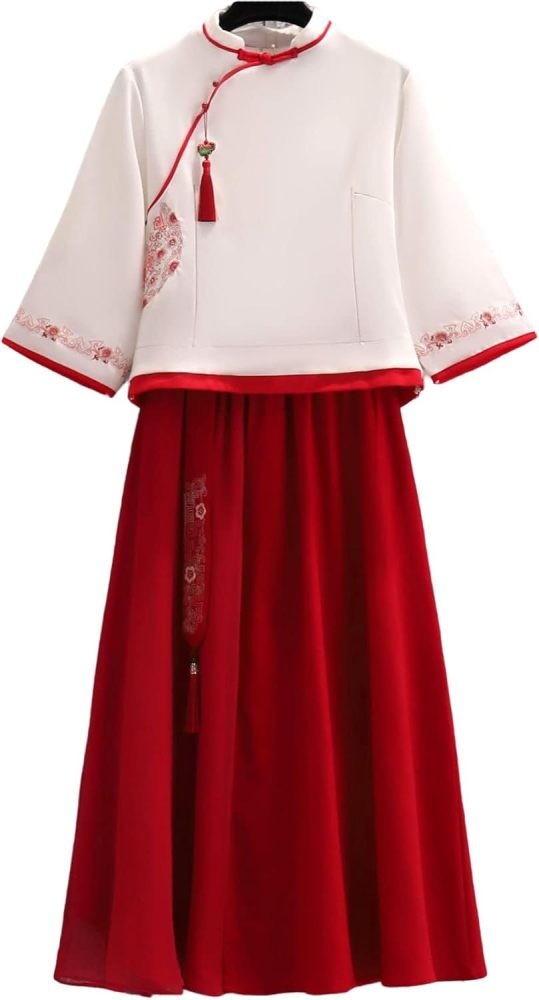 Women's Summer Suit,Embroidered Cheongsam Tops and Skirt Set,Chinese Style Elegant Qipao Hanfu Tang Suit