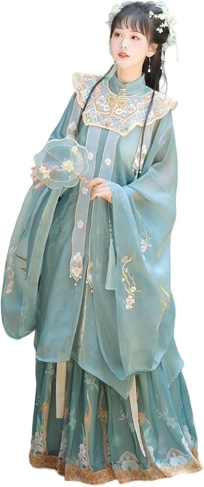 Women's Hanfu Dress Chinese Ming System Cloud Shoulder Flounced Pleated Skirt Embroidered Horse Face Skirt