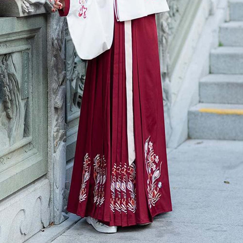 Panda Legends Chinese Style Ming Dynasty Hanfu Midi Skirt Improved One-Piece Horse Face Skirt Long Skirt Red Embroidery Pleated A-line Skirt