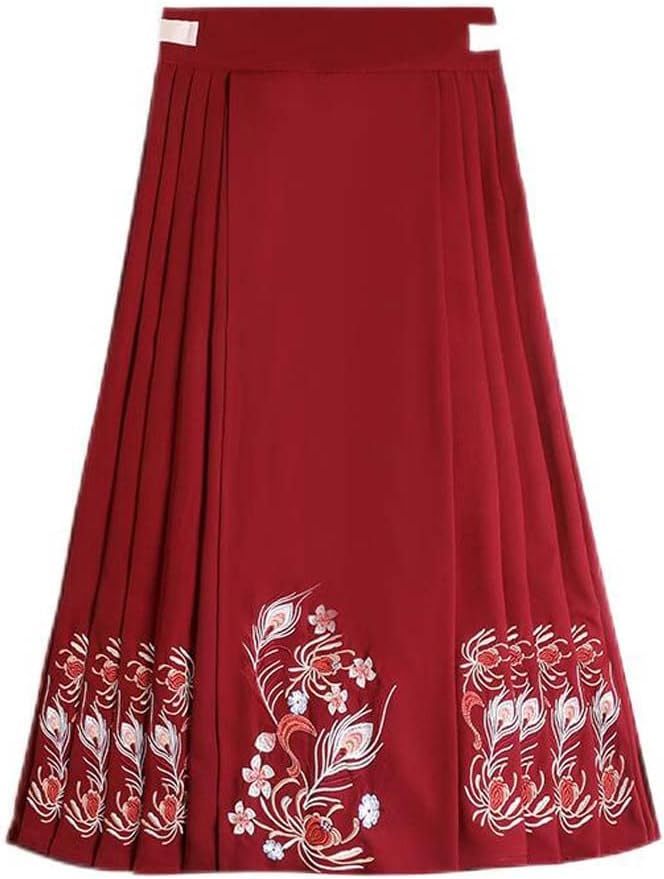 Panda Legends Chinese Style Ming Dynasty Hanfu Midi Skirt Improved One-Piece Horse Face Skirt Long Skirt Red Embroidery Pleated A-line Skirt