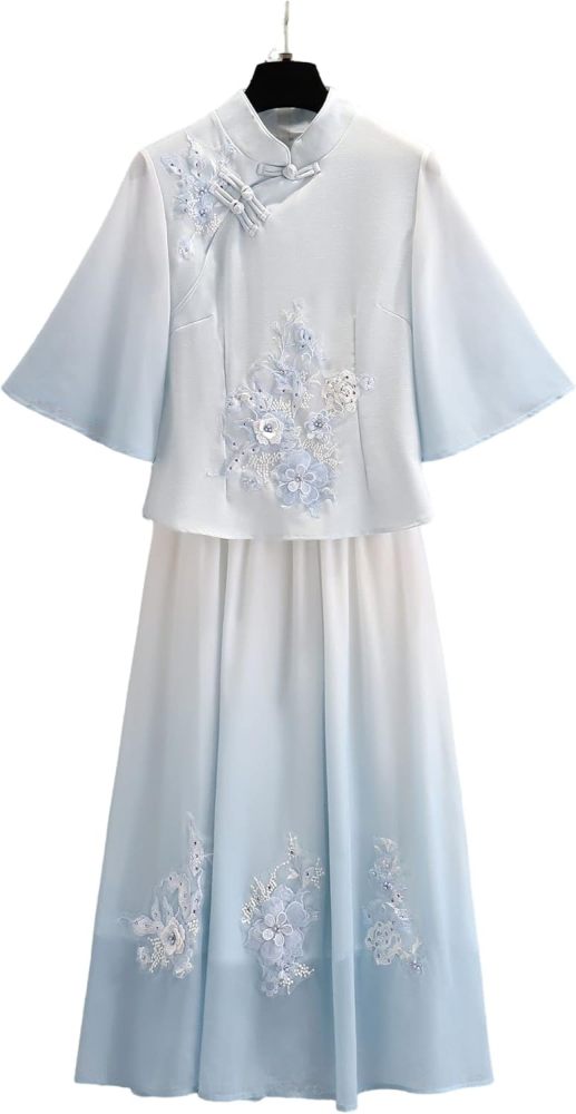 Women's Summer Suit,Embroidered Cheongsam Tops and Skirt Set,Chinese Style Elegant Qipao Hanfu Tang Suit