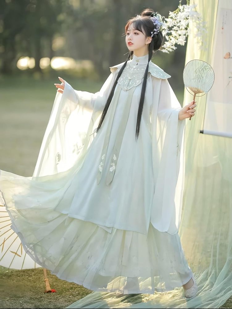 Women's Hanfu Dress Chinese Ming System Cloud Shoulder Flounced Pleated Skirt Embroidered Horse Face Skirt