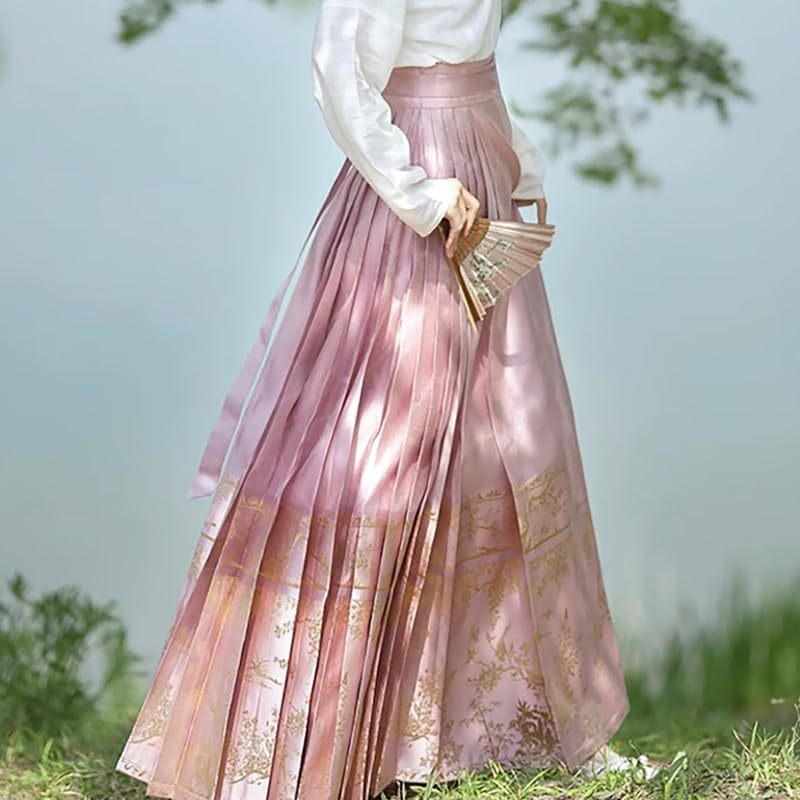 Women's Pleated Horse Face Skirt Elegant Chinese Horse Face Skirt Traditional Ming Dynasty Hanfu Clothing Floral Skirt