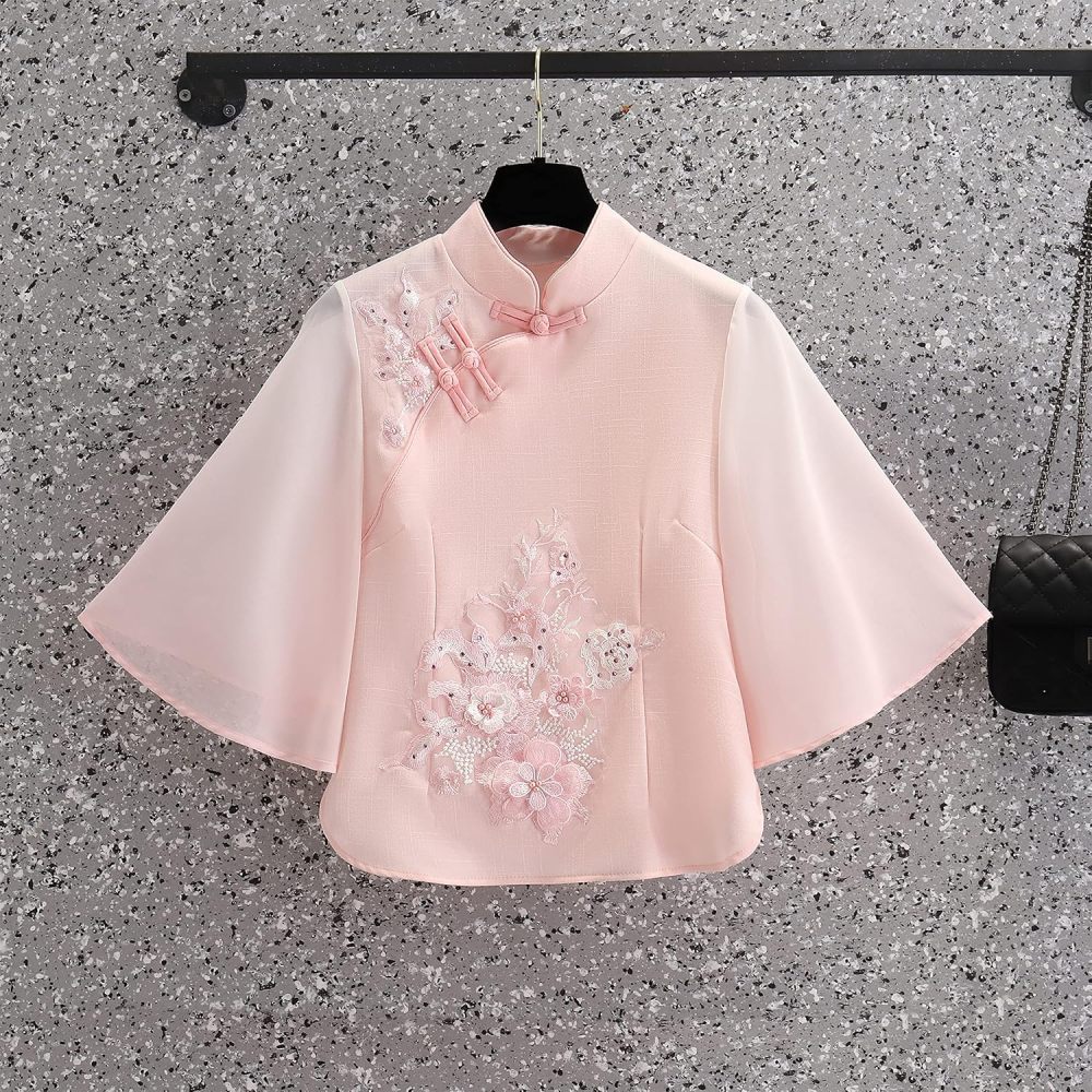 Women's Summer Suit,Embroidered Cheongsam Tops and Skirt Set,Chinese Style Elegant Qipao Hanfu Tang Suit