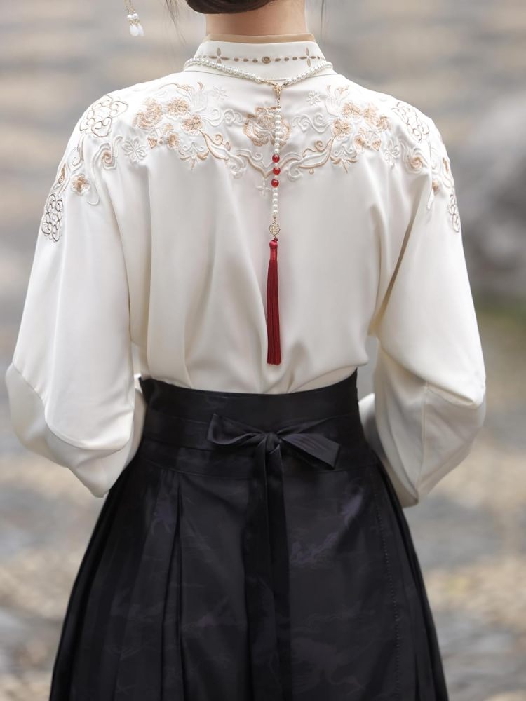 Ladies Free Size Loose Top and Wrap Skirt Set,Embroidered Blouse,Jacquard Horse Face Dress,Chinese Hanfu Tang Suit