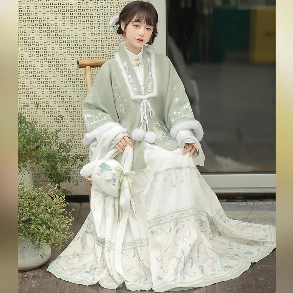 Chinese Hanfu Dress for Women Embroidered Collared Coat and Horse Faced Skirt New Year's Greetings Winter Plus Velvet