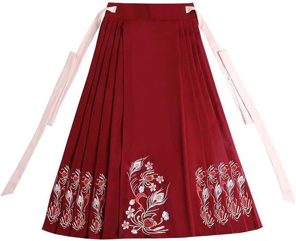 Panda Legends Chinese Style Ming Dynasty Hanfu Midi Skirt Improved One-Piece Horse Face Skirt Long Skirt Red Embroidery Pleated A-line Skirt