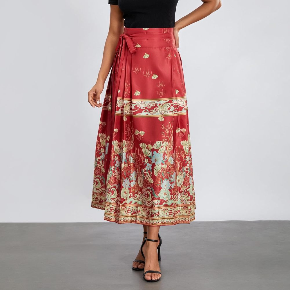 Women's Horse Face Skirt Flower Print Pleated Tie Up A-Line Long Skirt Chinese Style Ming Dynasty Hanfu Midi Skirt