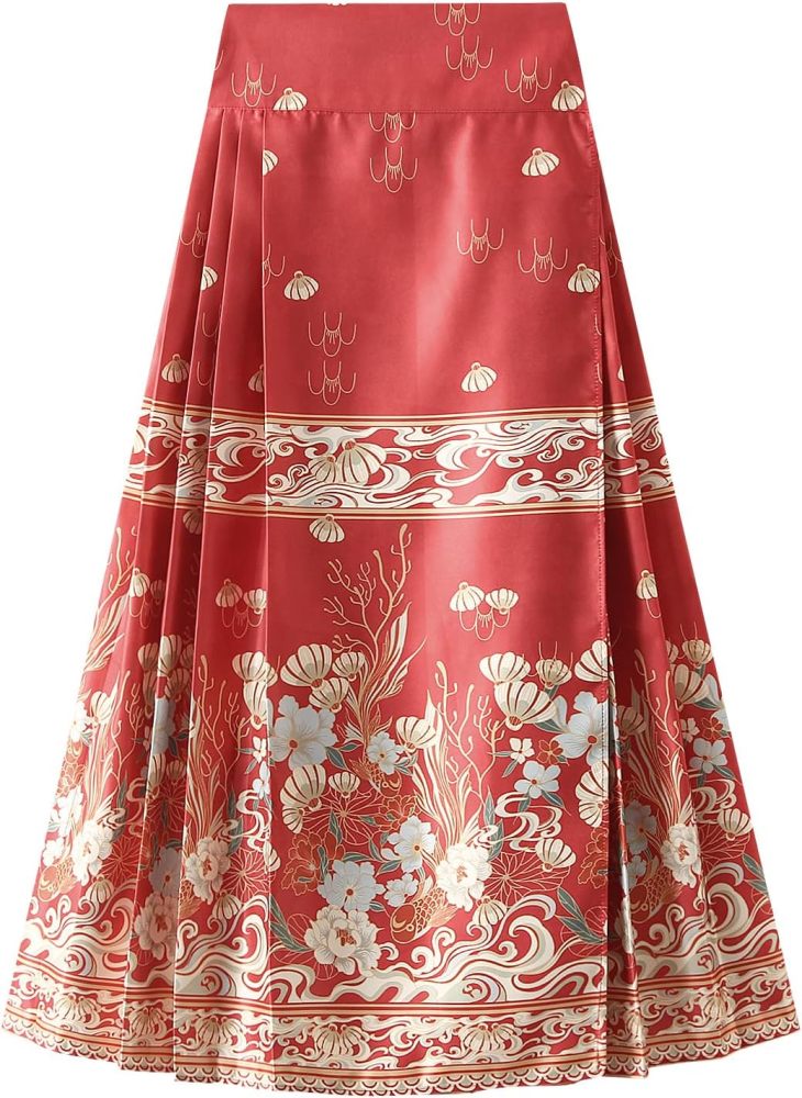 Women's Horse Face Skirt Flower Print Pleated Tie Up A-Line Long Skirt Chinese Style Ming Dynasty Hanfu Midi Skirt