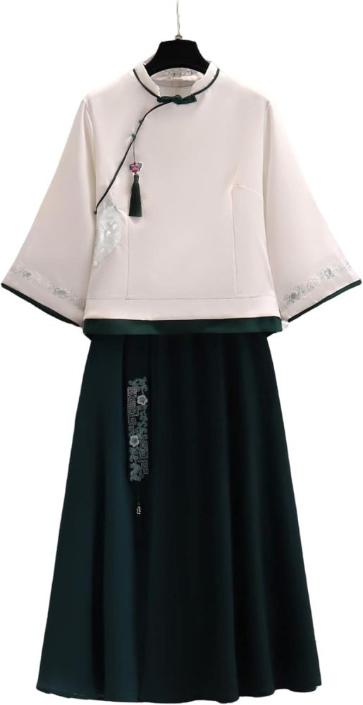 Women's Summer Suit,Embroidered Cheongsam Tops and Skirt Set,Chinese Style Elegant Qipao Hanfu Tang Suit