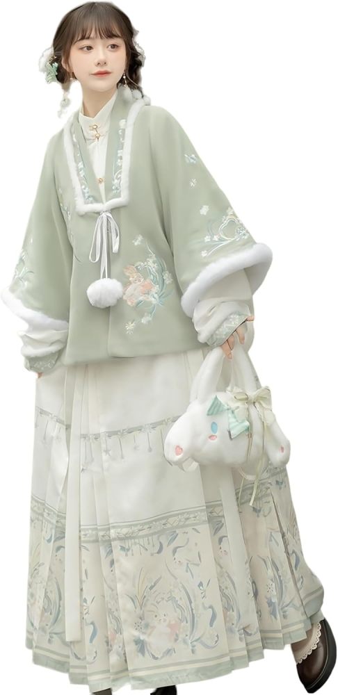 Chinese Hanfu Dress for Women Embroidered Collared Coat and Horse Faced Skirt New Year's Greetings Winter Plus Velvet