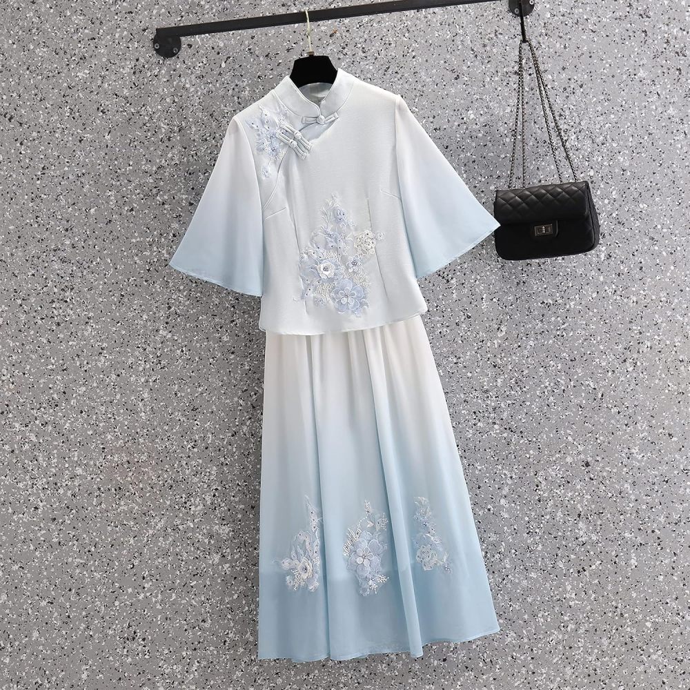 Women's Summer Suit,Embroidered Cheongsam Tops and Skirt Set,Chinese Style Elegant Qipao Hanfu Tang Suit