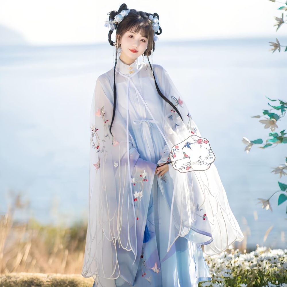 Women's Hanfu Dress Chinese Ming System Cloud Shoulder Flounced Pleated Skirt Embroidered Horse Face Skirt