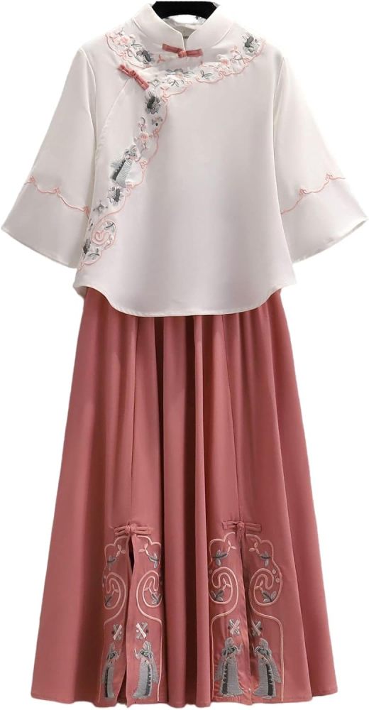 Women's Summer Suit,Embroidered Cheongsam Tops and Skirt Set,Chinese Style Elegant Qipao Hanfu Tang Suit