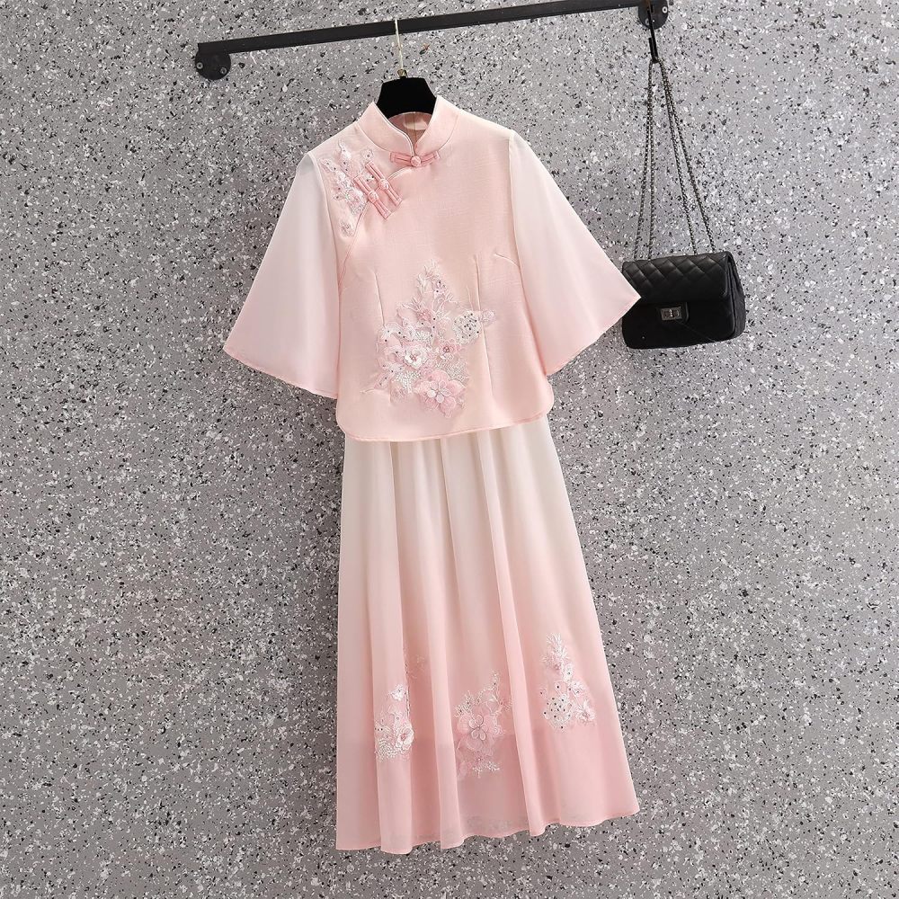 Women's Summer Suit,Embroidered Cheongsam Tops and Skirt Set,Chinese Style Elegant Qipao Hanfu Tang Suit