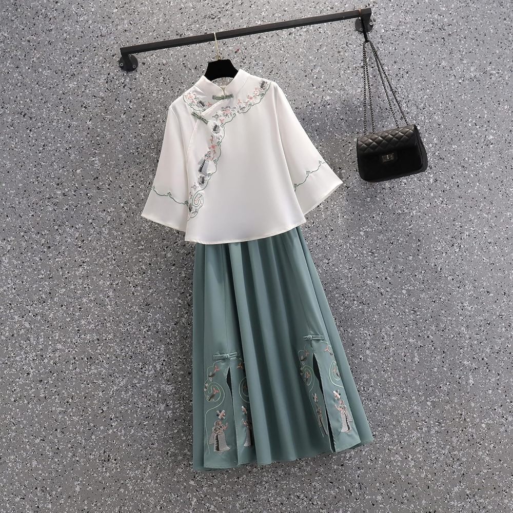 Women's Summer Suit,Embroidered Cheongsam Tops and Skirt Set,Chinese Style Elegant Qipao Hanfu Tang Suit
