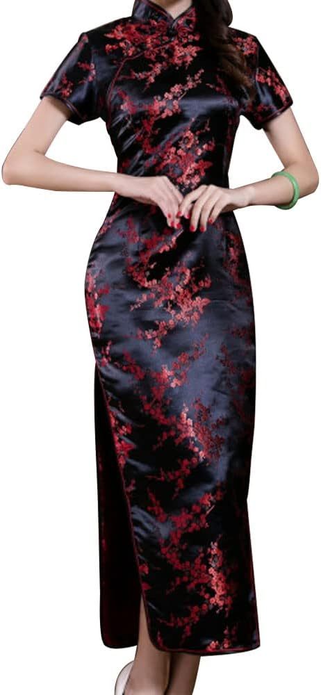Women Cheongsam Long Dress Evening Short Sleeve Slim Fit Maxi Dress Floral Faux Silk Stand Collar Bodycon Qipao