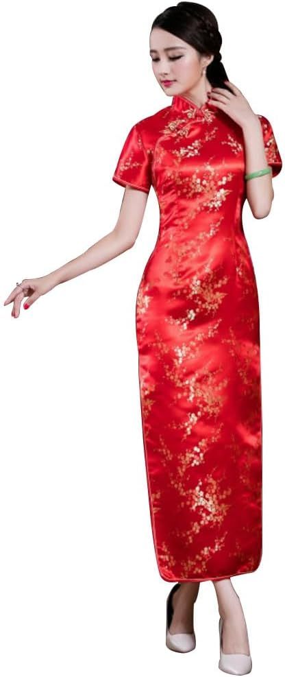 Women Cheongsam Long Dress Evening Short Sleeve Slim Fit Maxi Dress Floral Faux Silk Stand Collar Bodycon Qipao
