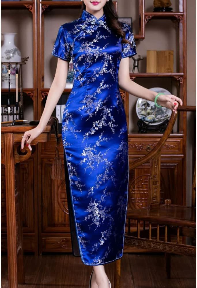 Women Cheongsam Long Dress Evening Short Sleeve Slim Fit Maxi Dress Floral Faux Silk Stand Collar Bodycon Qipao