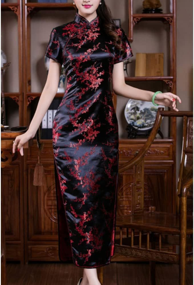 Women Cheongsam Long Dress Evening Short Sleeve Slim Fit Maxi Dress Floral Faux Silk Stand Collar Bodycon Qipao