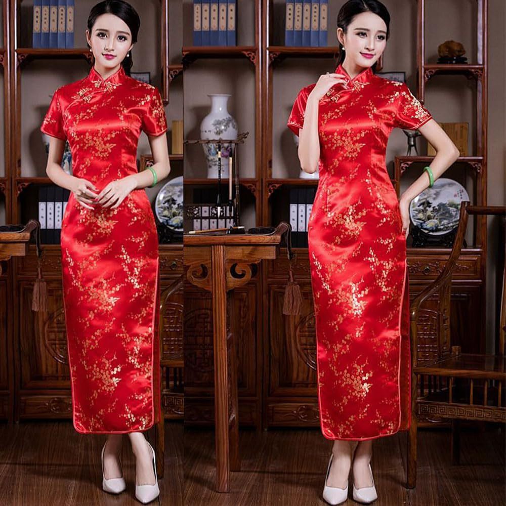 Women Cheongsam Long Dress Evening Short Sleeve Slim Fit Maxi Dress Floral Faux Silk Stand Collar Bodycon Qipao