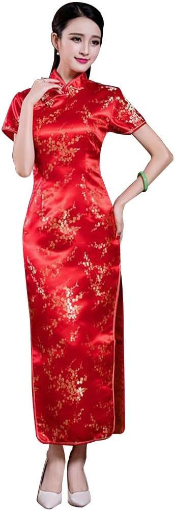 Women Cheongsam Long Dress Evening Short Sleeve Slim Fit Maxi Dress Floral Faux Silk Stand Collar Bodycon Qipao