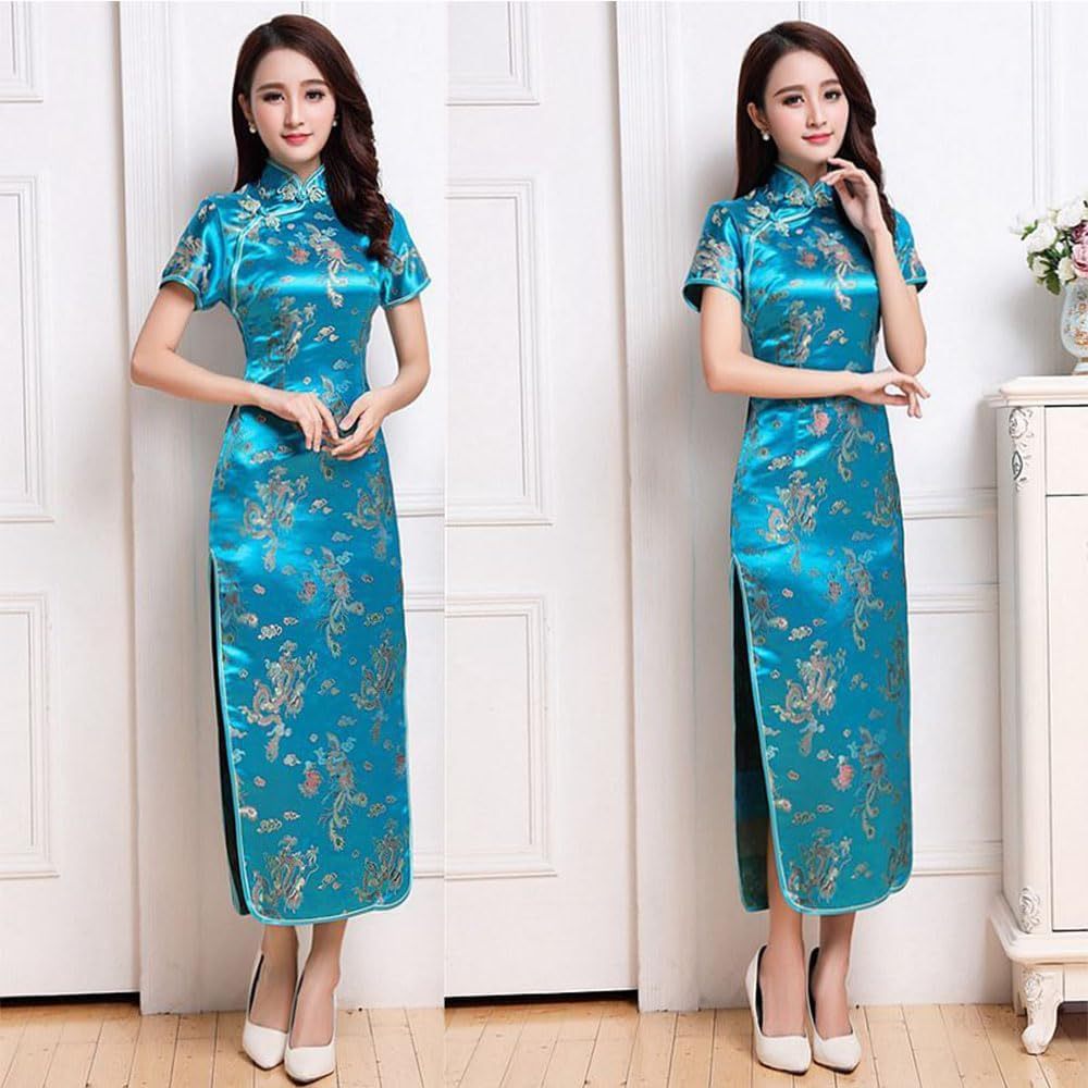 Women Cheongsam Long Dress Evening Short Sleeve Slim Fit Maxi Dress Floral Faux Silk Stand Collar Bodycon Qipao