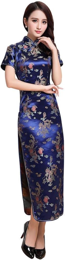 Women Cheongsam Long Dress Evening Short Sleeve Slim Fit Maxi Dress Floral Faux Silk Stand Collar Bodycon Qipao