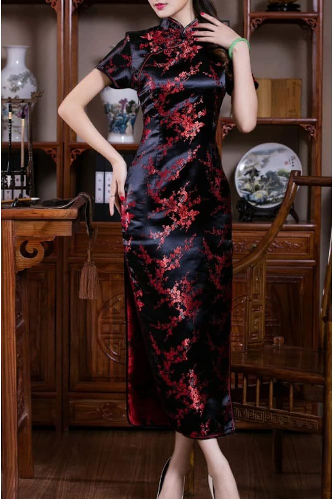 Women Cheongsam Long Dress Evening Short Sleeve Slim Fit Maxi Dress Floral Faux Silk Stand Collar Bodycon Qipao