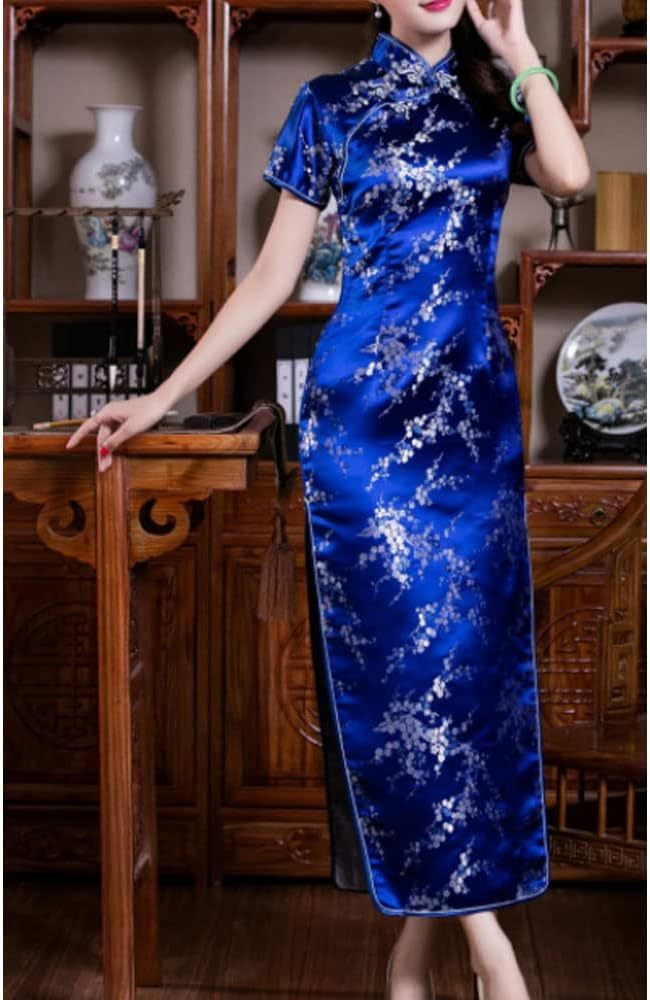 Women Cheongsam Long Dress Evening Short Sleeve Slim Fit Maxi Dress Floral Faux Silk Stand Collar Bodycon Qipao
