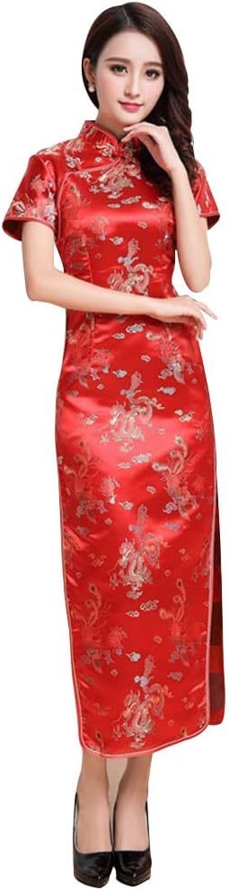 Women Cheongsam Long Dress Evening Short Sleeve Slim Fit Maxi Dress Floral Faux Silk Stand Collar Bodycon Qipao