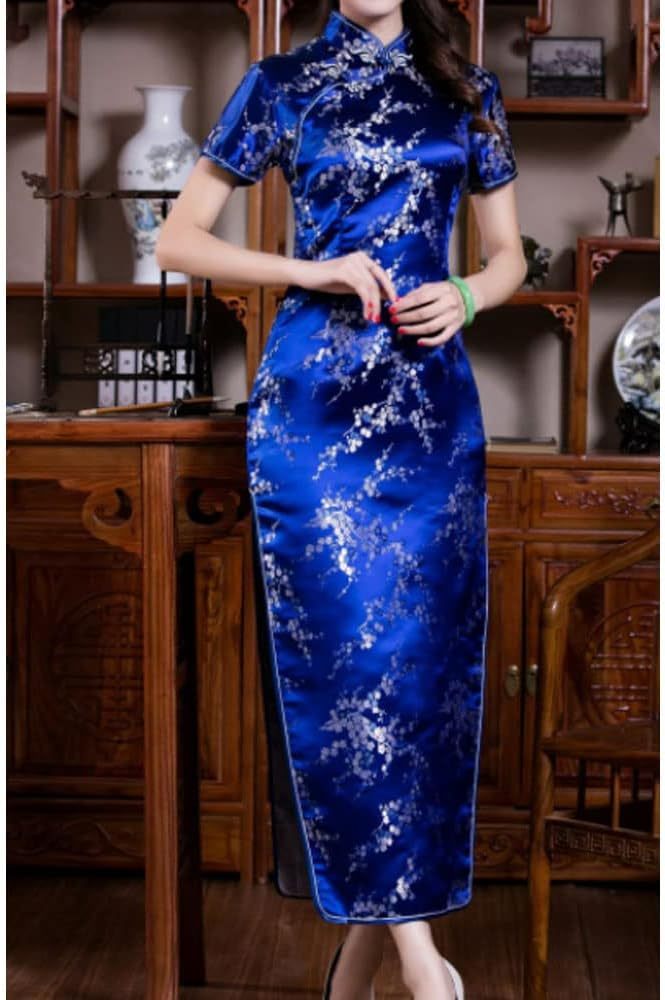 Women Cheongsam Long Dress Evening Short Sleeve Slim Fit Maxi Dress Floral Faux Silk Stand Collar Bodycon Qipao