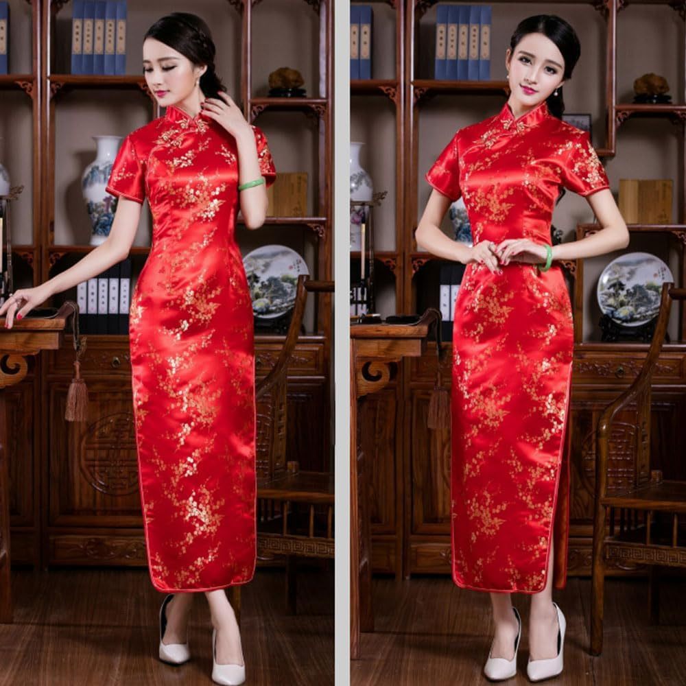 Women Cheongsam Long Dress Evening Short Sleeve Slim Fit Maxi Dress Floral Faux Silk Stand Collar Bodycon Qipao