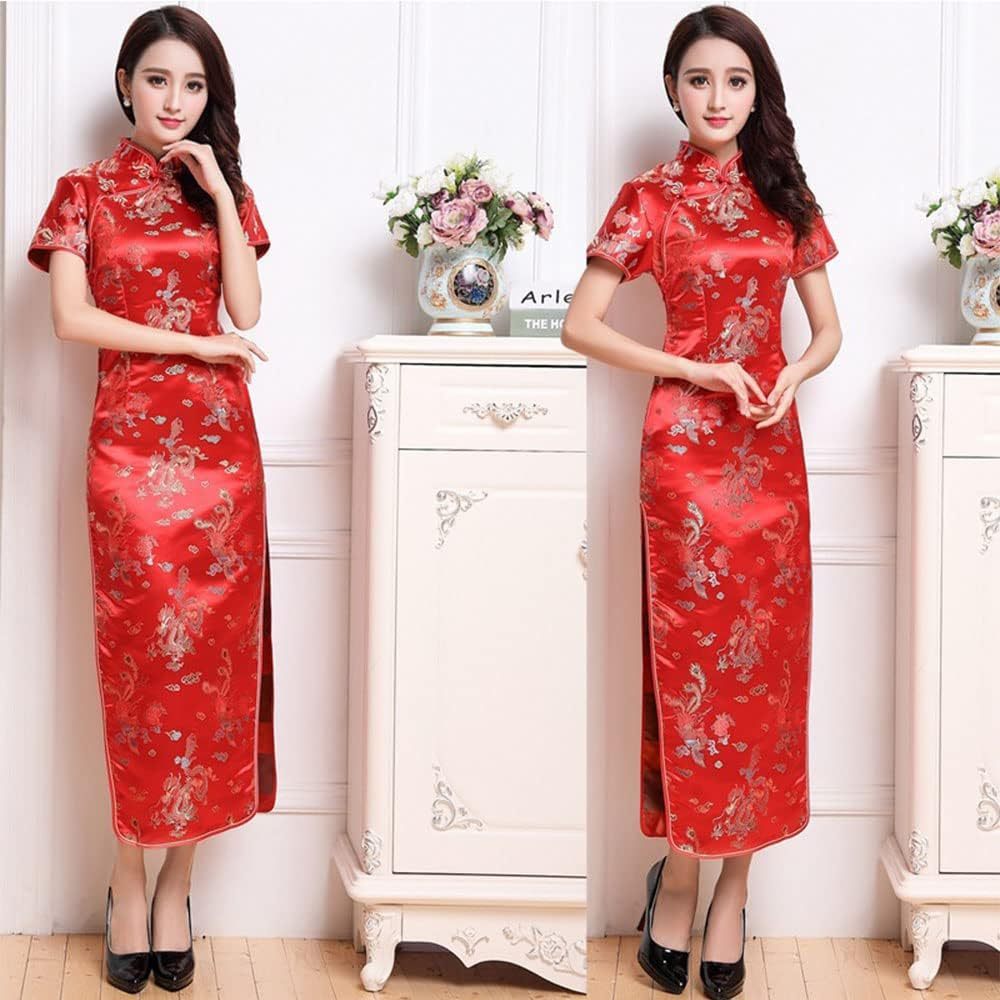 Women Cheongsam Long Dress Evening Short Sleeve Slim Fit Maxi Dress Floral Faux Silk Stand Collar Bodycon Qipao