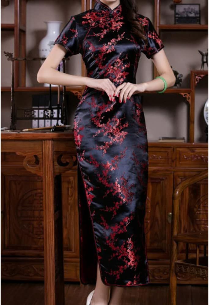 Women Cheongsam Long Dress Evening Short Sleeve Slim Fit Maxi Dress Floral Faux Silk Stand Collar Bodycon Qipao