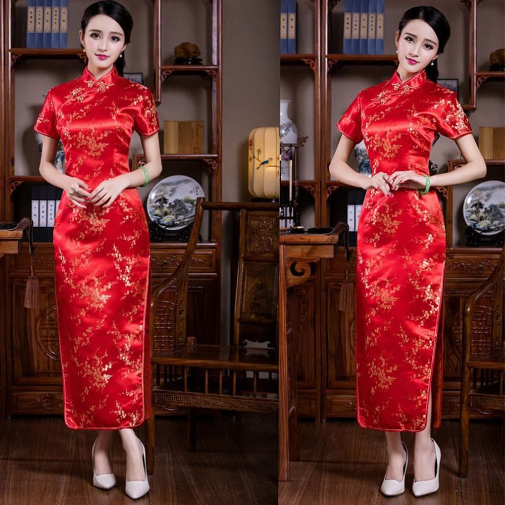 Women Cheongsam Long Dress Evening Short Sleeve Slim Fit Maxi Dress Floral Faux Silk Stand Collar Bodycon Qipao