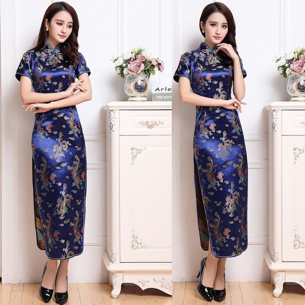 Women Cheongsam Long Dress Evening Short Sleeve Slim Fit Maxi Dress Floral Faux Silk Stand Collar Bodycon Qipao